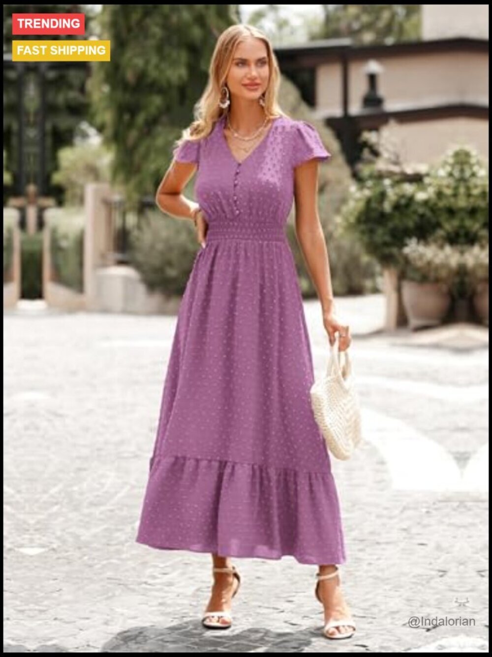 Swiss Dot Maxi Dress with Smocked Waist and Ruffle Hem - Picture 6 of 7
